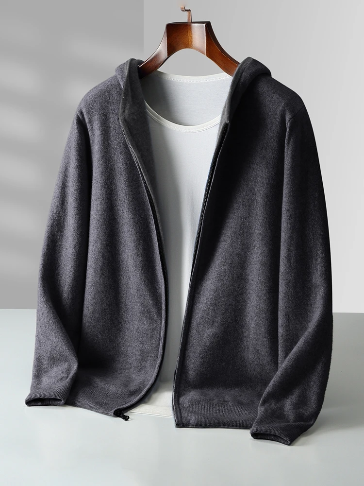 Color: black, Size: XL - Reversible Men's Wool Cardigan Sweater Autumn Winter Hooded Solid 100% Merino Wool Knitted Casual Simple Man Jackets Thick Warm