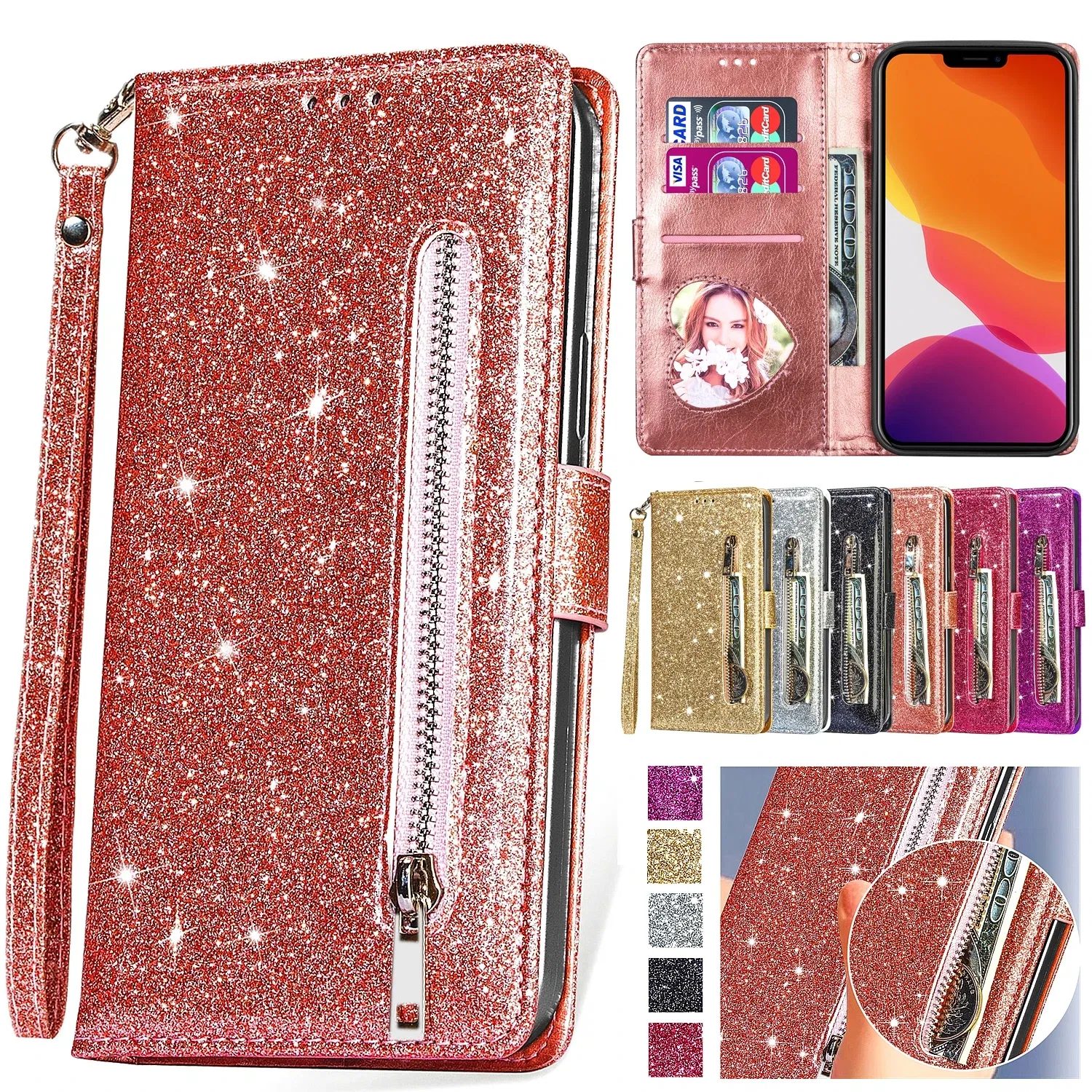 Color: Gold, Material: Nylon - Zipper Flip Wallet Glitter Leather Case for iPhone 16 15 14 13 12 11 Pro Max XS XR 8 7 Plus SE 2022 Mini Bling Stand Phone Cover