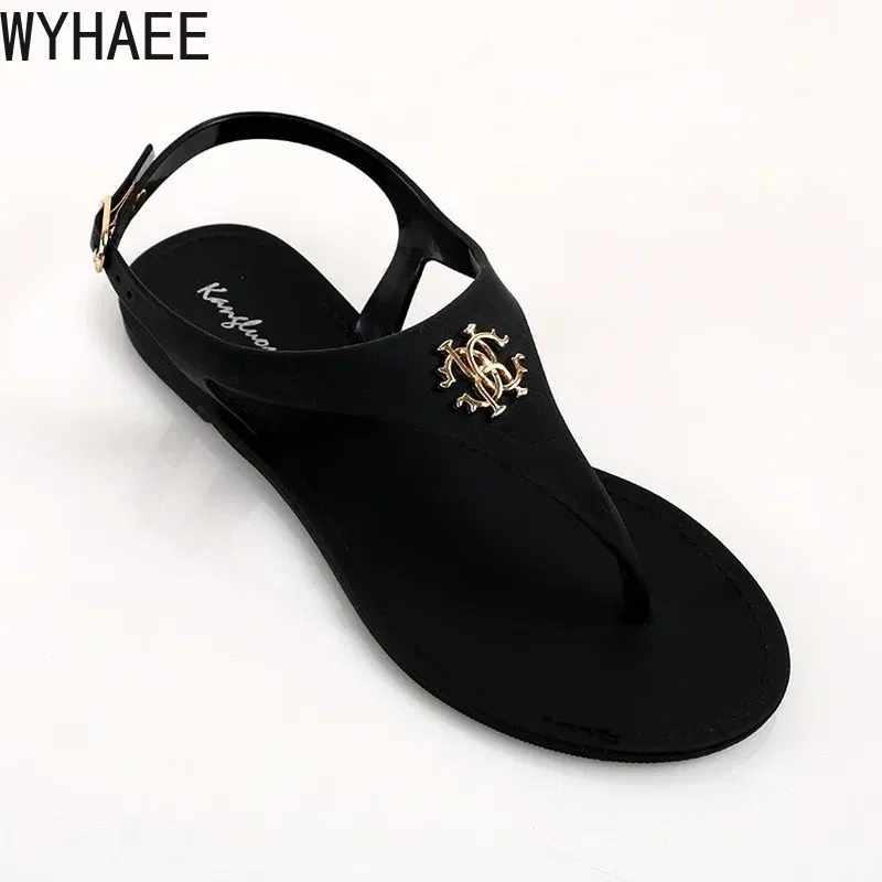 Color: black, Shoe Size: 36 - 2023 New Summer Women's Sandals Fashion Open Toe Jelly Flip Flops Non-slip Buckle Flat Sandals All-match Women's Sandals