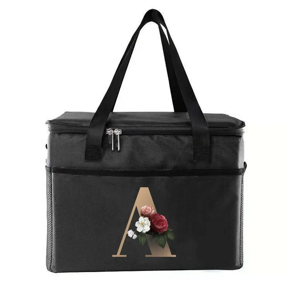 Color: Blue - Thermal Bag Portable Lunch Bags Insulated Cooler Bag Food Bento Bags Printing Gold Letter Series Travel Picnic Storage Ice Bags