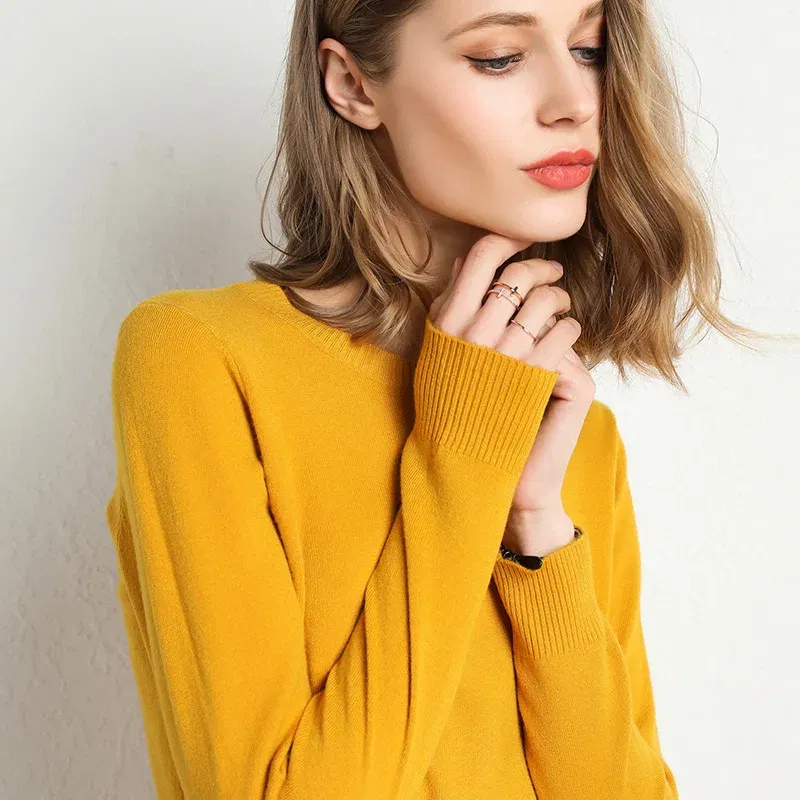 Color: Ginger Yellow, Size: S - Women Slim O-Neck Solid Pullover Cashmere Wool Blending Sweater Autumn And Winter Long-Sleeved Knit Bottoming Shirt Large Size