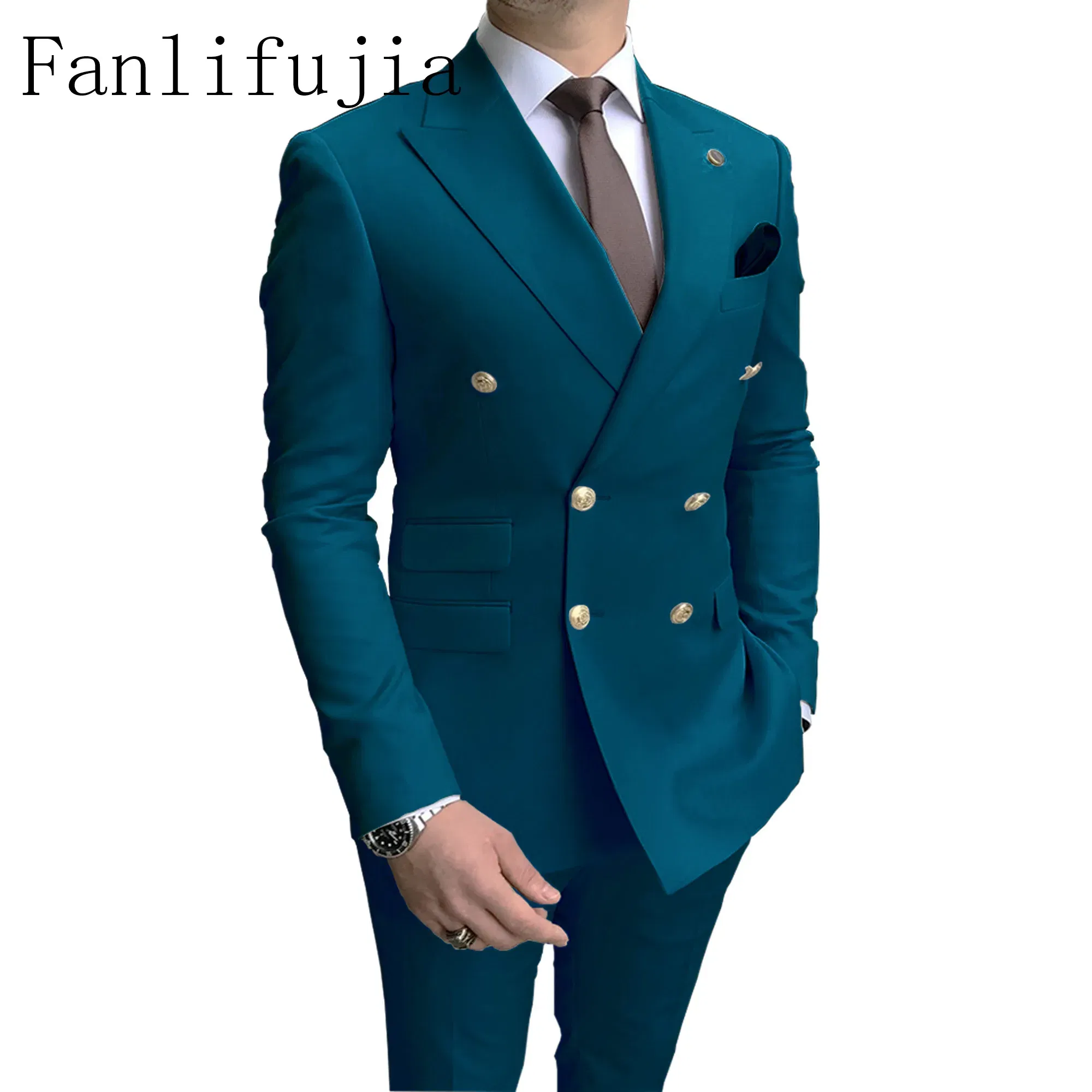 Color: SKY BLUE, Size: XXL - Fanlifujia Store 2024 Casual Sky Blue Men Suits Double Brested Peak Lapel Gold Button Groom Wedding Tuxedos Best Costume Homme