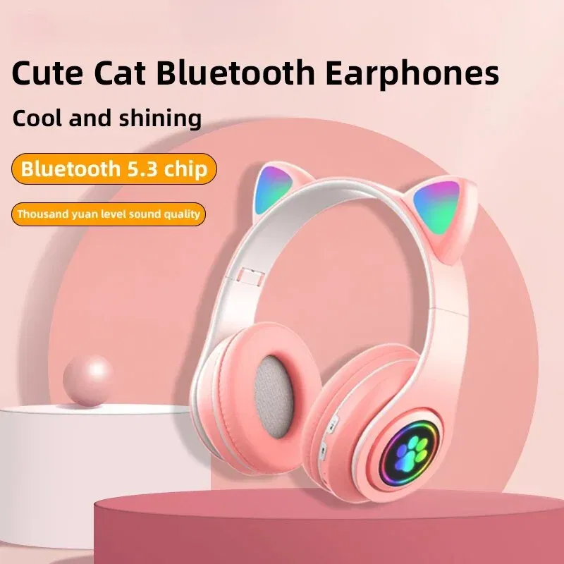 Color: WHITE - Cute Cat Wireless Headphones RGB Cute Cat Ears Headset With Microphone Noise Cancelling Kid Stereo Music Children's Gifts