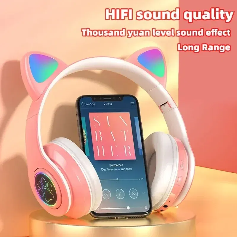 Color: WHITE - Cute Cat Wireless Headphones RGB Cute Cat Ears Headset With Microphone Noise Cancelling Kid Stereo Music Children's Gifts