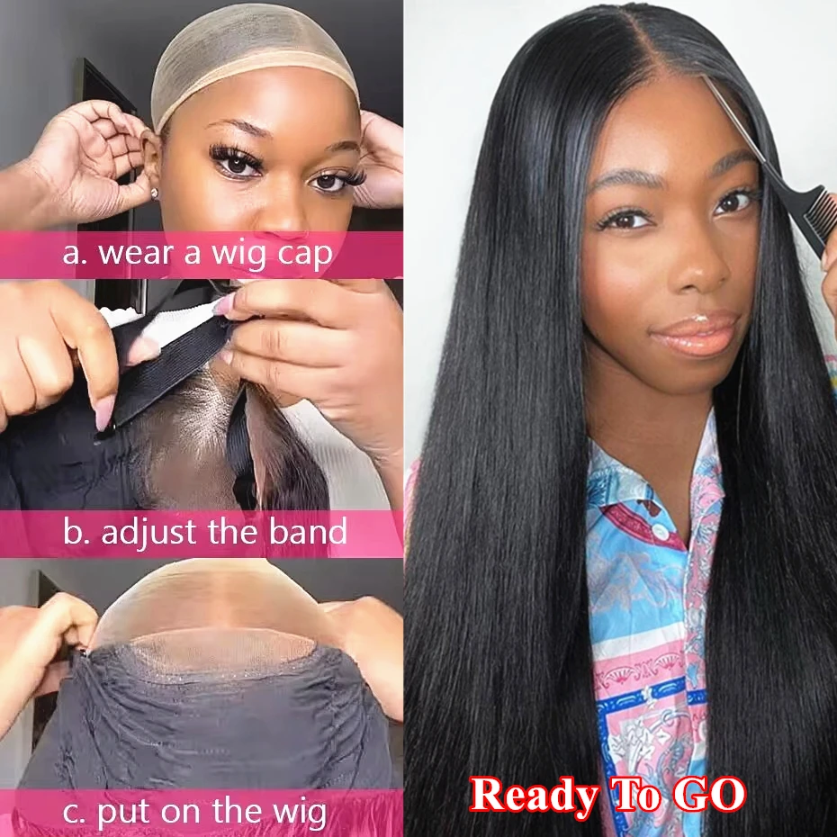 Hair Color: #1, Density: 180%, Ships From: CHINA, Stretched Length: 18inches - Glueless Wear and Go Bone Straight Lace Front Wigs 4x4 5x5 Pre-Cut Lace Wig Human Hair Ready To Wear Lace Closure Wig For Women