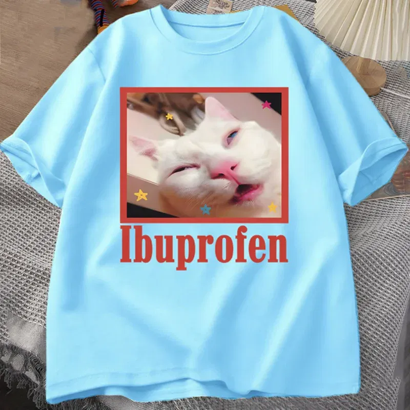 Color: Khaki, Size: L - Ibuprofen Cat Meme Tshirt Funny Cat Graphic Tee Cute Cat Lover Cotton T-Shirt Casual Funny T Shirts Unisex Oversized Tshirt Tee