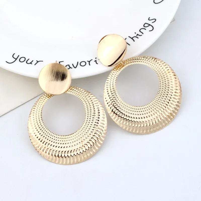 Metal Color: Antique Gold Plated - Fashion Exaggerated Pendant Size Round Circle Earrings Female Temperament Personality Color Matching Bump Earrings Ear Jewelry