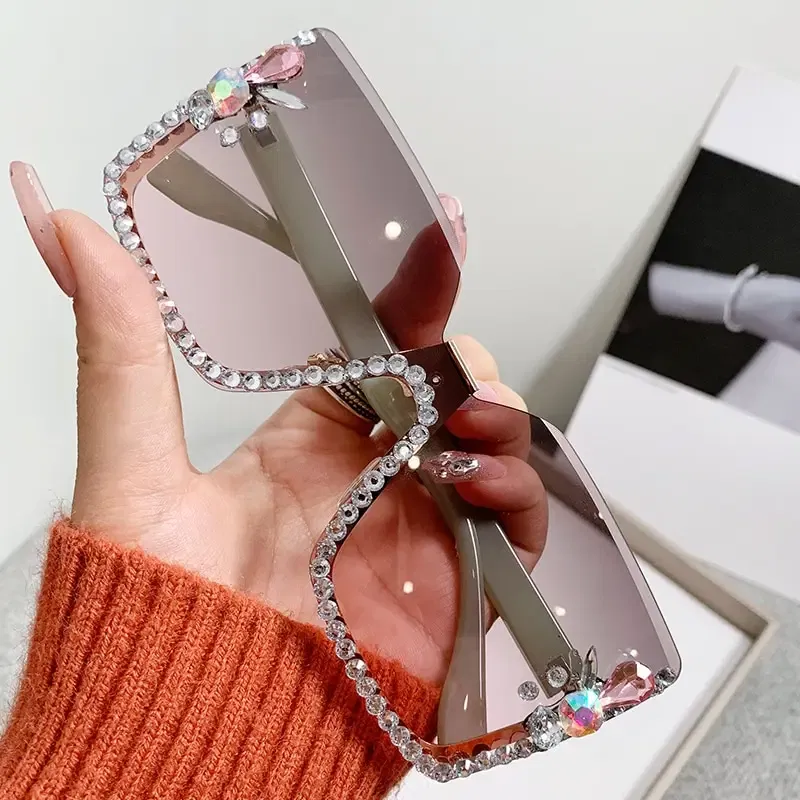Frame Color: Green, Lenses Color: Green - Women Festival Bling Rhinestone Square Sunglasses Female Trendy Gradient Crystal Rave Glasses For Party