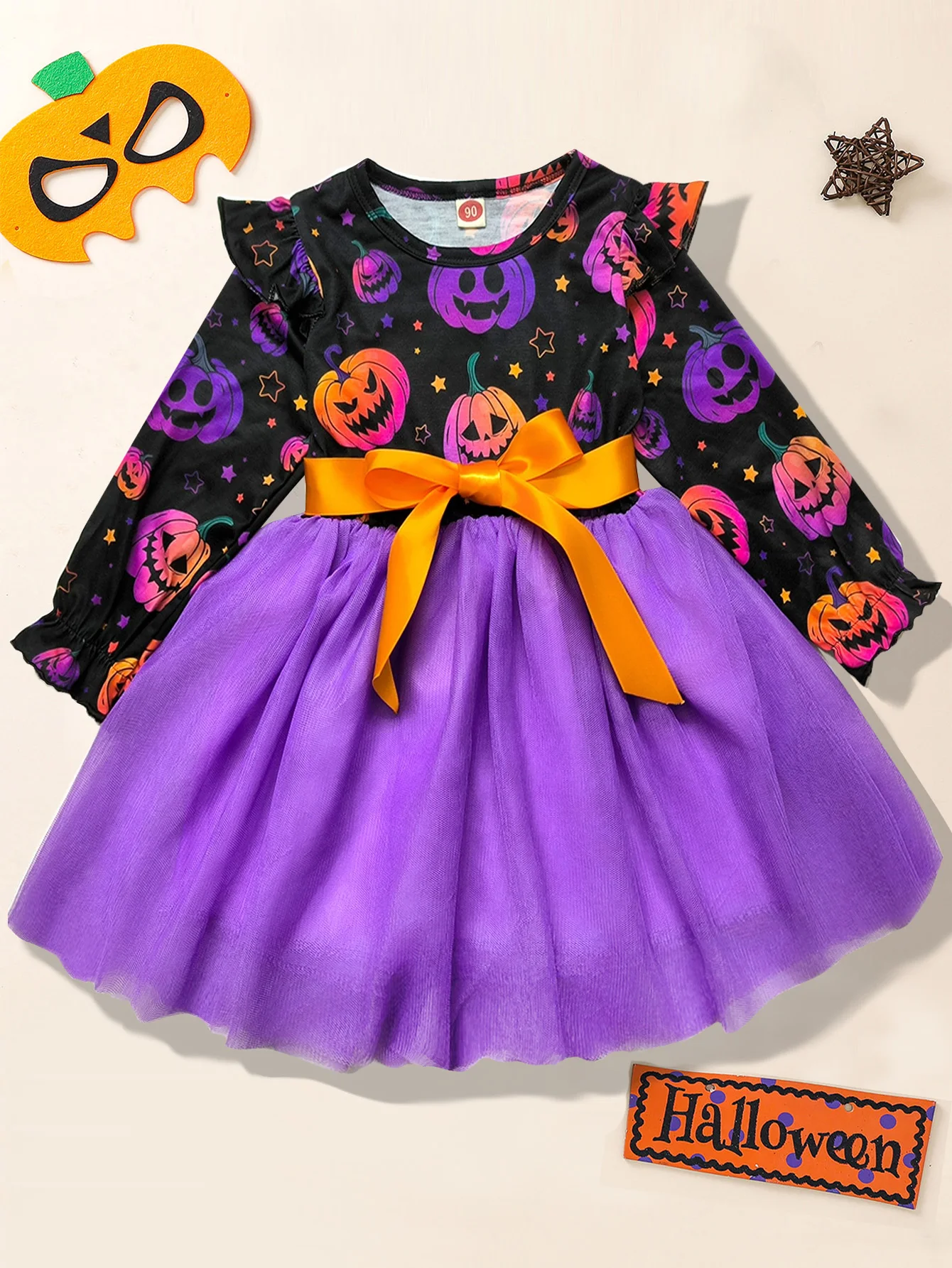 Color: PURPLE, Kid Size: 4T - Girl Halloween Dress Pumpkin Ghost Face Pattern Mesh With Ribbon Long Sleeved Girls Party Dresses 2-8 Children Halloween Costume