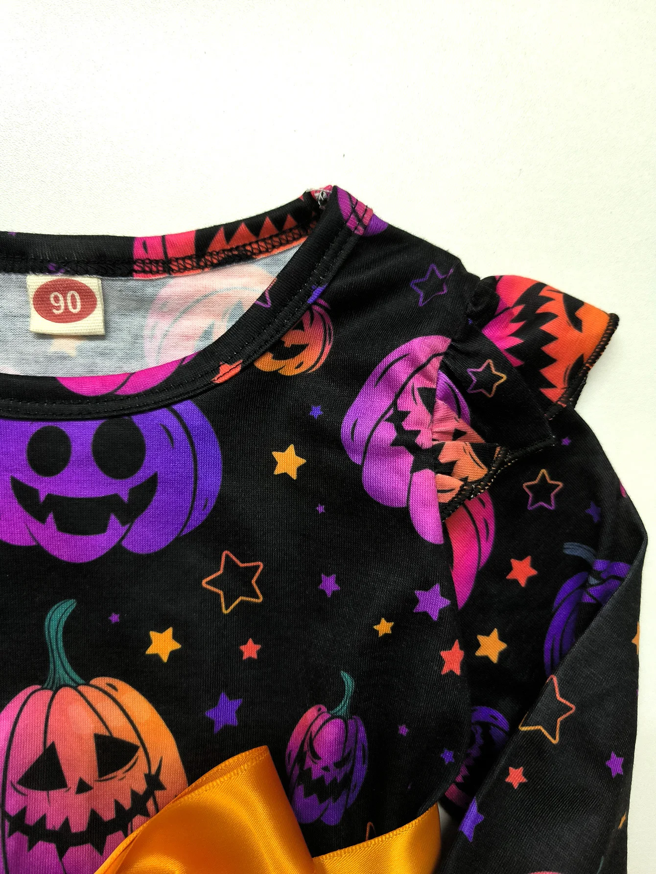 Color: PURPLE, Kid Size: 4T - Girl Halloween Dress Pumpkin Ghost Face Pattern Mesh With Ribbon Long Sleeved Girls Party Dresses 2-8 Children Halloween Costume