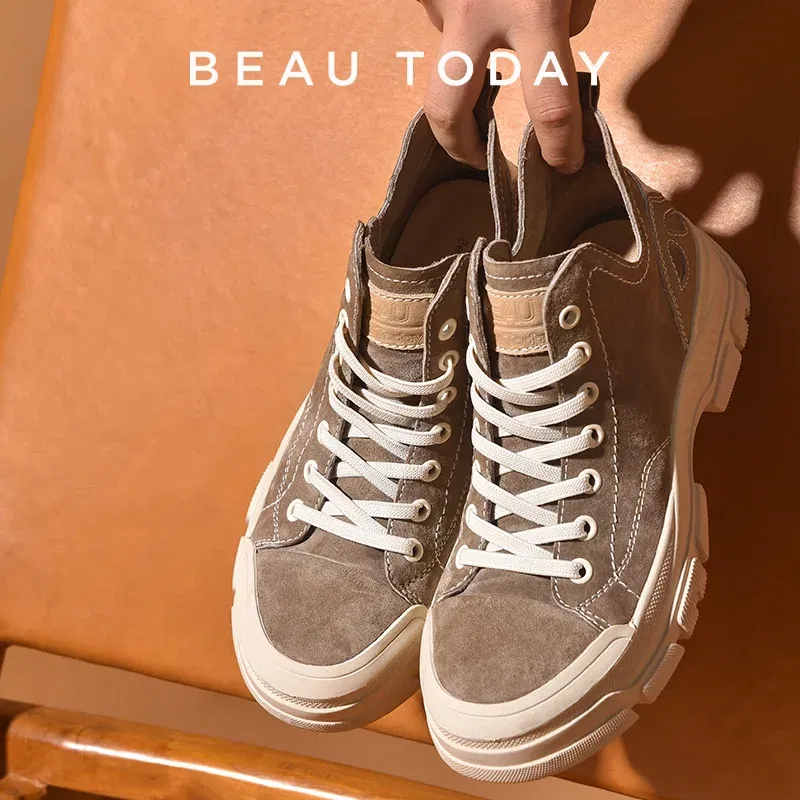 Color: Brown, Shoe Size: 8.5 - BeauToday Casual Sneakers Women Suede Leather Round Toe Lace-Free High Top Ladies Retro Fashion Flat Shoes Handmade 29575