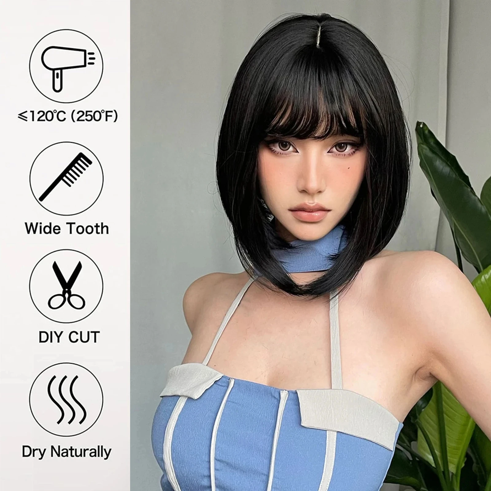 Color: #530, Stretched Length: 12inches - Bob Black Synthetic Wigs Straight Cosplay Short Daily Natural Looking Hair Wig with Bangs Heat Resistant Fiber for Women Afro