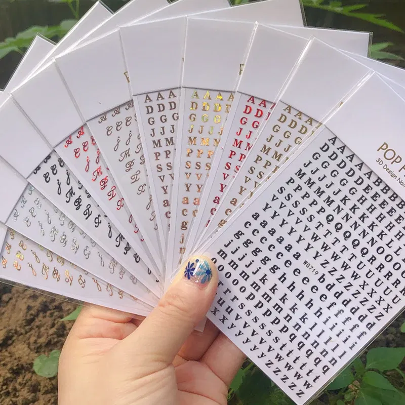Color: Dark Red - 1PCS New English Alphabet Nail Stickers Multi-Color Laser Reflective Nail Slider Art Cool Text Nail Kit