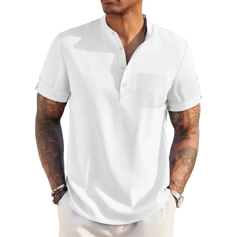 Color: Navy Blue, Size: S - Summer Men's Cotton Linen T-Shirt Henley Neck Pocket Casual Lightweight Breathable Beach Shirt Solid Color Basic Style Tops