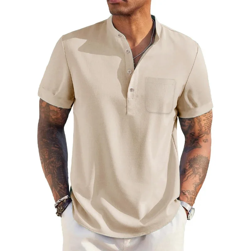 Color: Navy Blue, Size: S - Summer Men's Cotton Linen T-Shirt Henley Neck Pocket Casual Lightweight Breathable Beach Shirt Solid Color Basic Style Tops