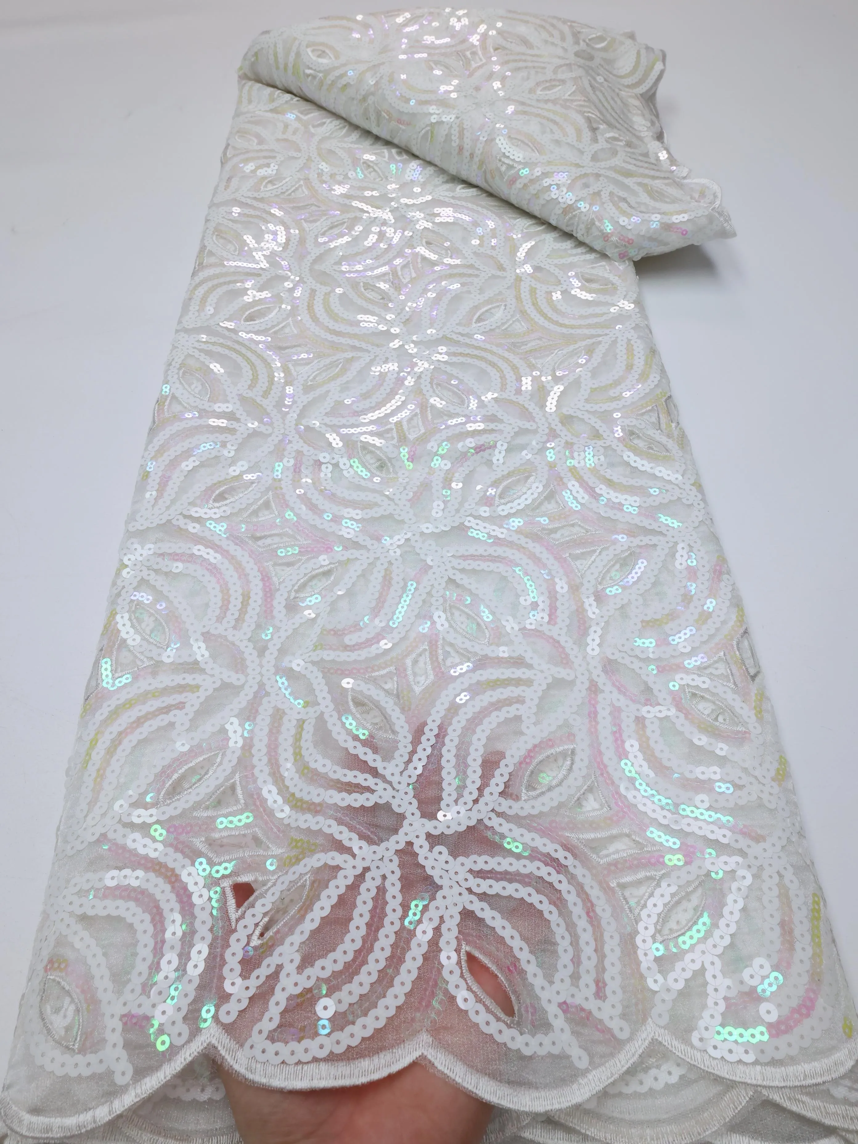 Color: Blue, length: 5 yards, Width: 120cm - 2025 High grade African Organza Cutout Lace Clean Holed Sequins Voile Fine Textured Nigerian Fabric For Occasions Celebrants