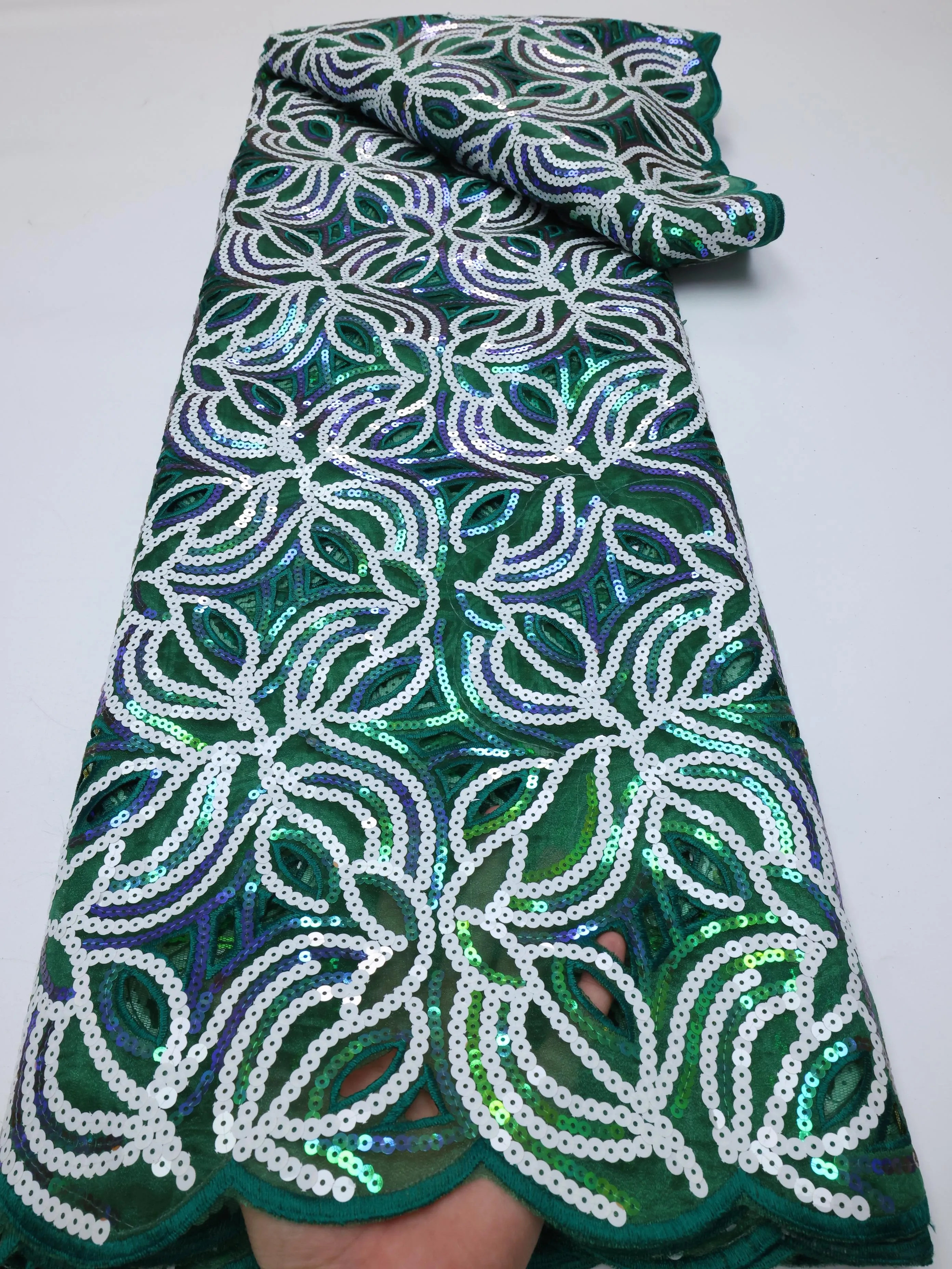 Color: Blue, length: 5 yards, Width: 120cm - 2025 High grade African Organza Cutout Lace Clean Holed Sequins Voile Fine Textured Nigerian Fabric For Occasions Celebrants