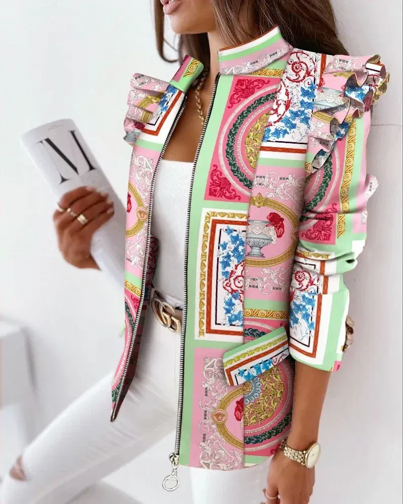 Color: Turquoise, Size: XL - 2022 Autumn and Winter Ruffled Long-sleeved Zipper Print Small Suit Jacket Women Blazers for Women Cropped Blazer Ladies Tops