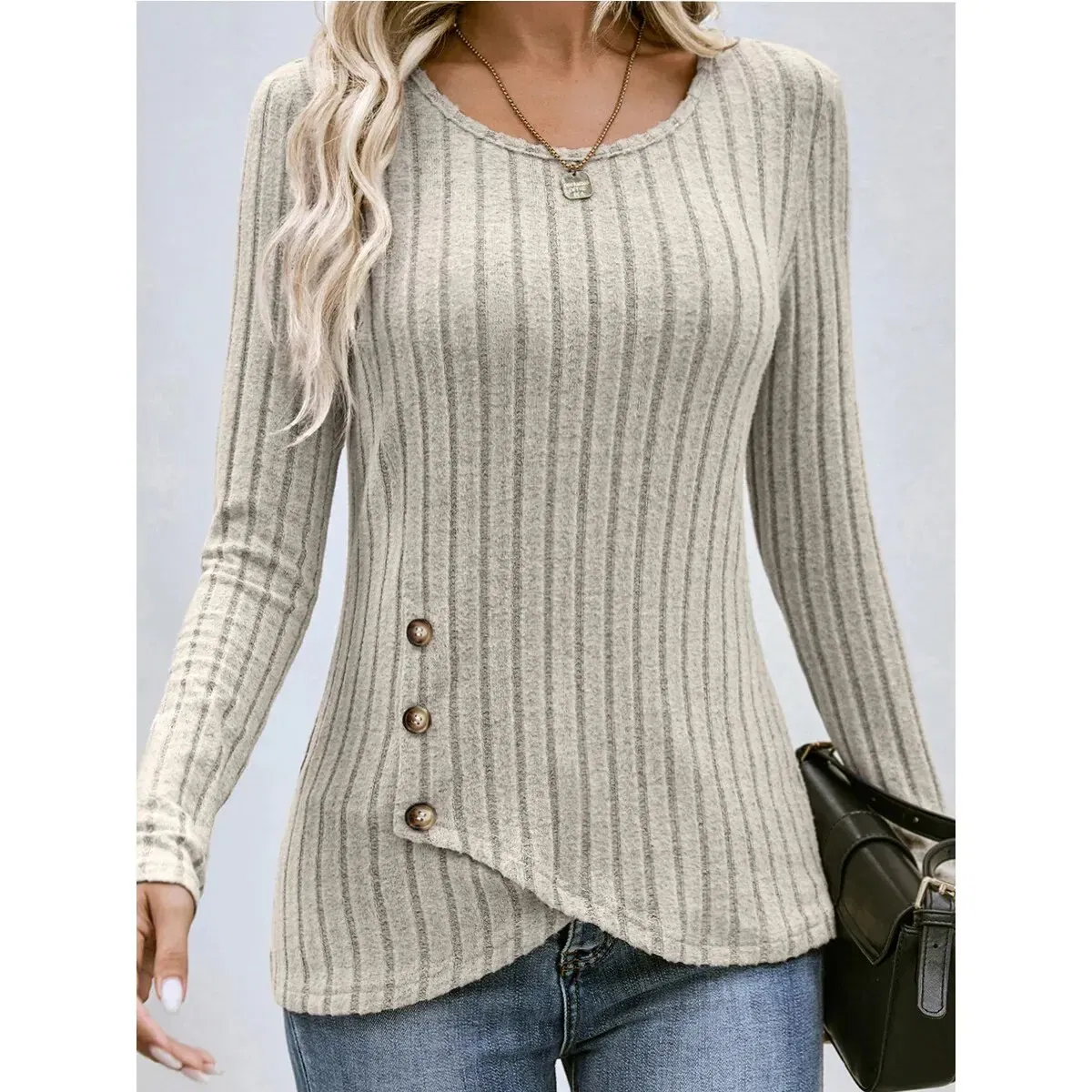 Color: creamy-white, Size: XL - Autumn Winter Long-sleeved Round Neck Top Women's Fashion Casual Irregular Solid Color Street Style Buttons Pullover Tshirt New
