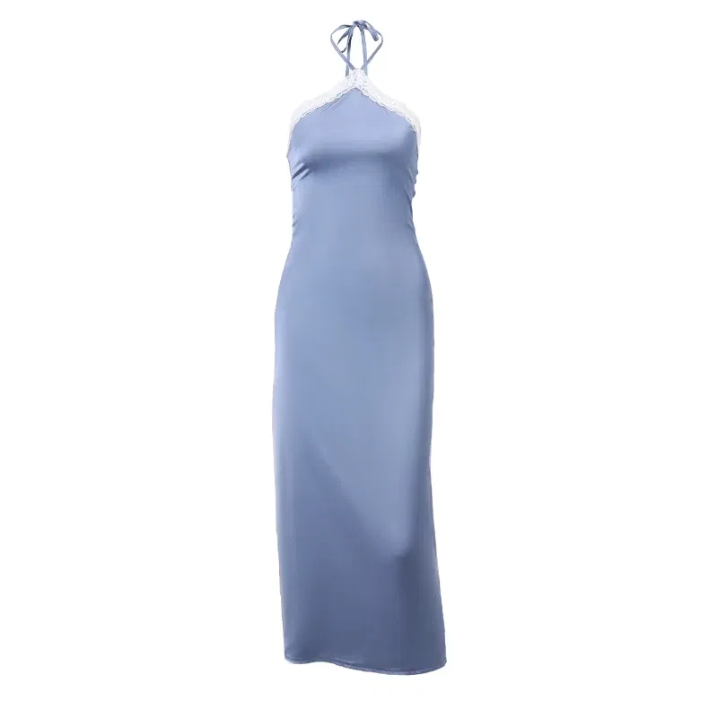 Color: Blue, Size: S - WhereMery Sexy Satin Off Shoulder Maxi Dresses Aesthetic Lace Stitch Backless Sundress 2023 Summer Beachwear Elegant Party Robe