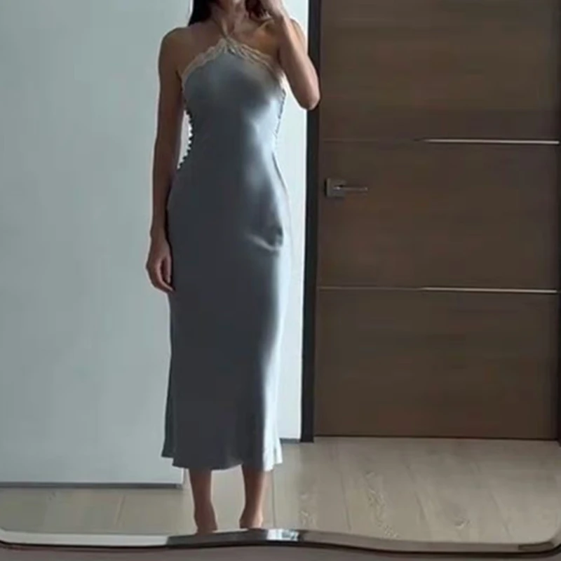 Color: Blue, Size: S - WhereMery Sexy Satin Off Shoulder Maxi Dresses Aesthetic Lace Stitch Backless Sundress 2023 Summer Beachwear Elegant Party Robe