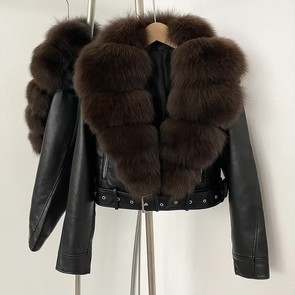 Color: WHITE, Size: M - Fake Leather Coat New Natural Fox Fur Autumn Short Faux Leather Jacket Female Spring PU Women Long Sleeve Real Fur Coat Thin