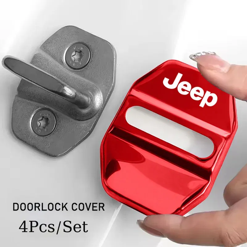 Color Name: WHITE - 4Pcs Car Door Lock Cover Stainless Steel Protection Accessories For Jeep Wrangler Renegade Compass Grand Cherokee Patriot