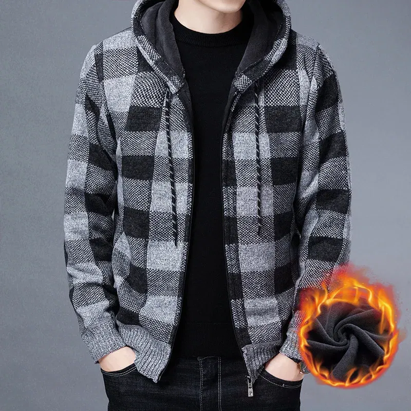 Color: Blue, Size: L - Winter 2023 New Men's Fleece Thickened Cardigan Knit Sweater / Male Loose Warm Hooded Add Wool Jacket Coat