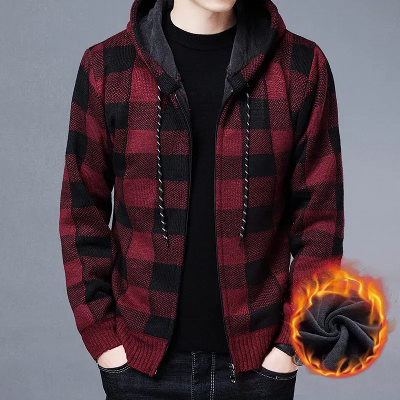 Color: Blue, Size: L - Winter 2023 New Men's Fleece Thickened Cardigan Knit Sweater / Male Loose Warm Hooded Add Wool Jacket Coat