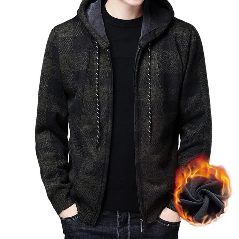Color: Blue, Size: L - Winter 2023 New Men's Fleece Thickened Cardigan Knit Sweater / Male Loose Warm Hooded Add Wool Jacket Coat
