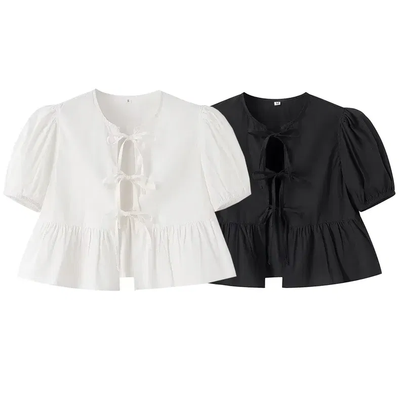 Color: GRAY, Size: M - TRAF White Crop Top Women Black Ruffle Short Puff Sleeve Blouse Female Bow Tied Summer Blouses Woman 2024 Ruched Cute Tops