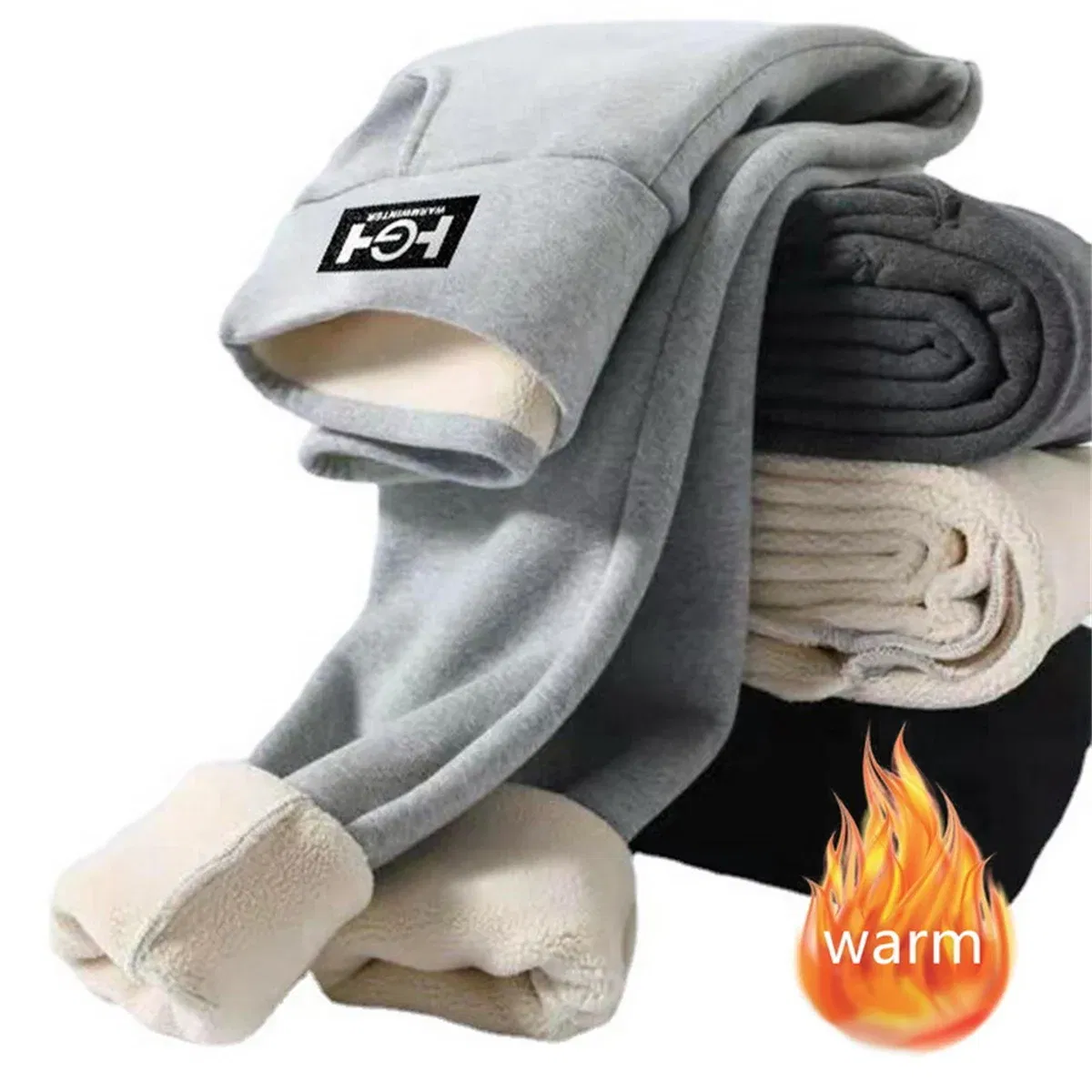 Color: GRAY, Size: M - Winter Women Leggings Solid Warm Leggings Thicken Lambwool Hight Waist Fleece Keep Butt Lift High Stretchy Walking Pants Pocket