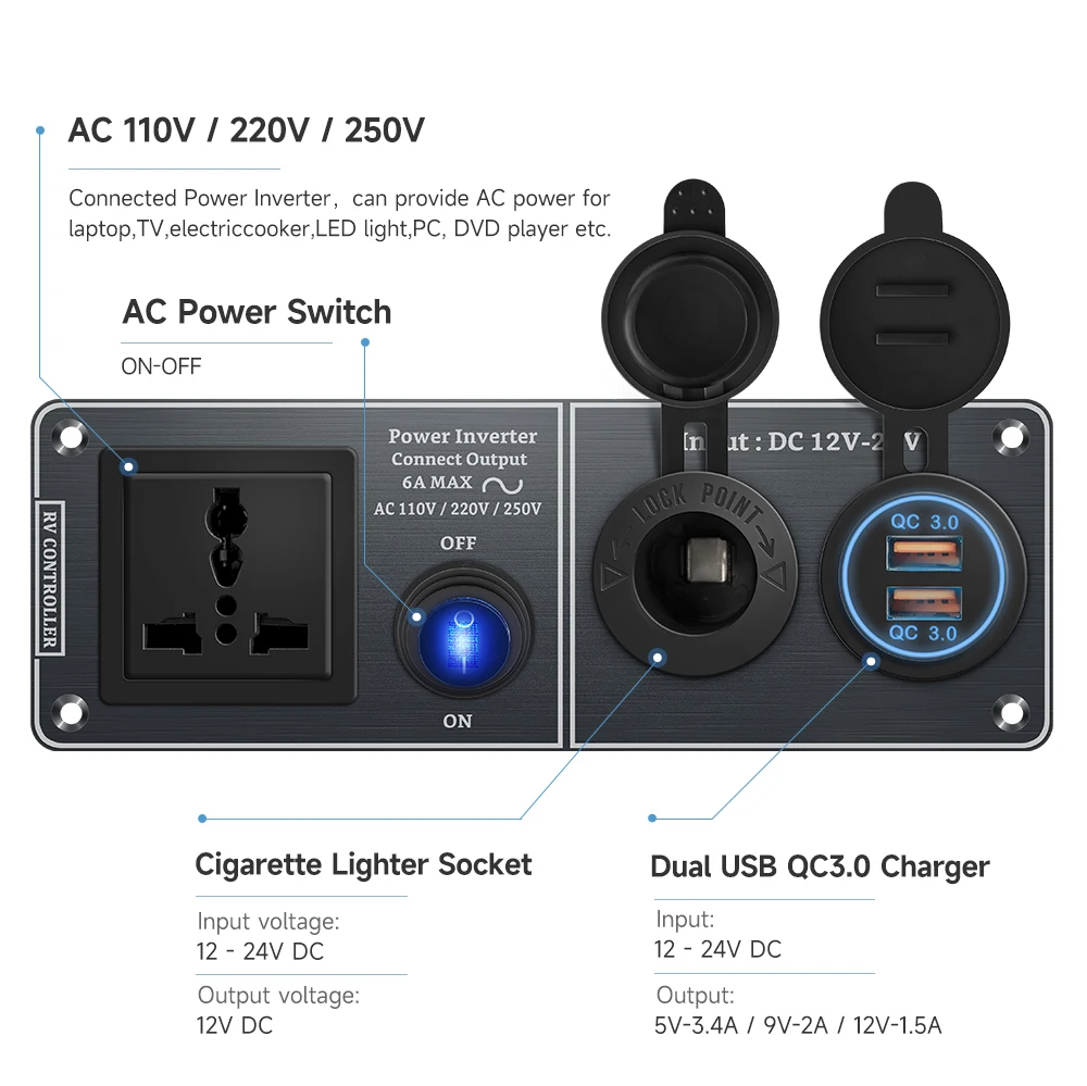 Color Name: Silver, Ships From: CHINA - Car Charger Multi-Functions Aluminum Panel Inverter AC110V 220V Dual Port USB QC3.0 12V 24V for RV Yacht Travel Trailers