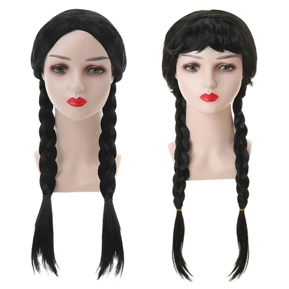Color: Yellow - Wednesday Wig For Kids Halloween Wednesday Addams Black Braids Synthetic Hair Cosplay Accessories Crown Necklace Headdress Suit