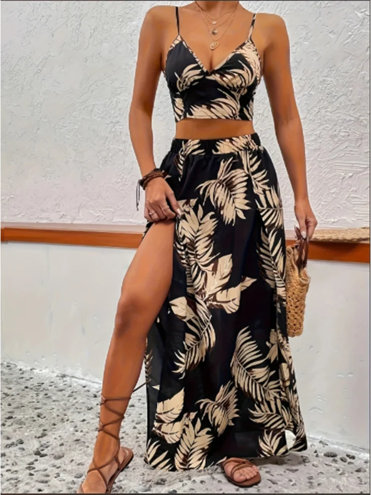 Color: MULTI, Size: M - Elegant Deep V-neck Dress Women Summer Sleeveless Printed Vest Skirt Set Sexy High Slit Trend Dresses