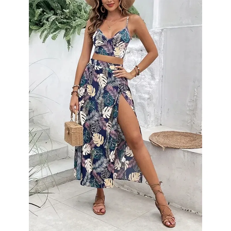 Color: MULTI, Size: M - Elegant Deep V-neck Dress Women Summer Sleeveless Printed Vest Skirt Set Sexy High Slit Trend Dresses