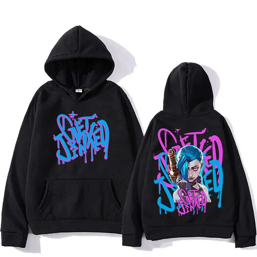 Color: SKY BLUE, Size: XXL - Arcane Jinx Cute Hooded Anime Print Harajuku Kawaii Sweatshirt Long-sleeved Cartoon Fleece Clothes Moletom Fashion Pullovers