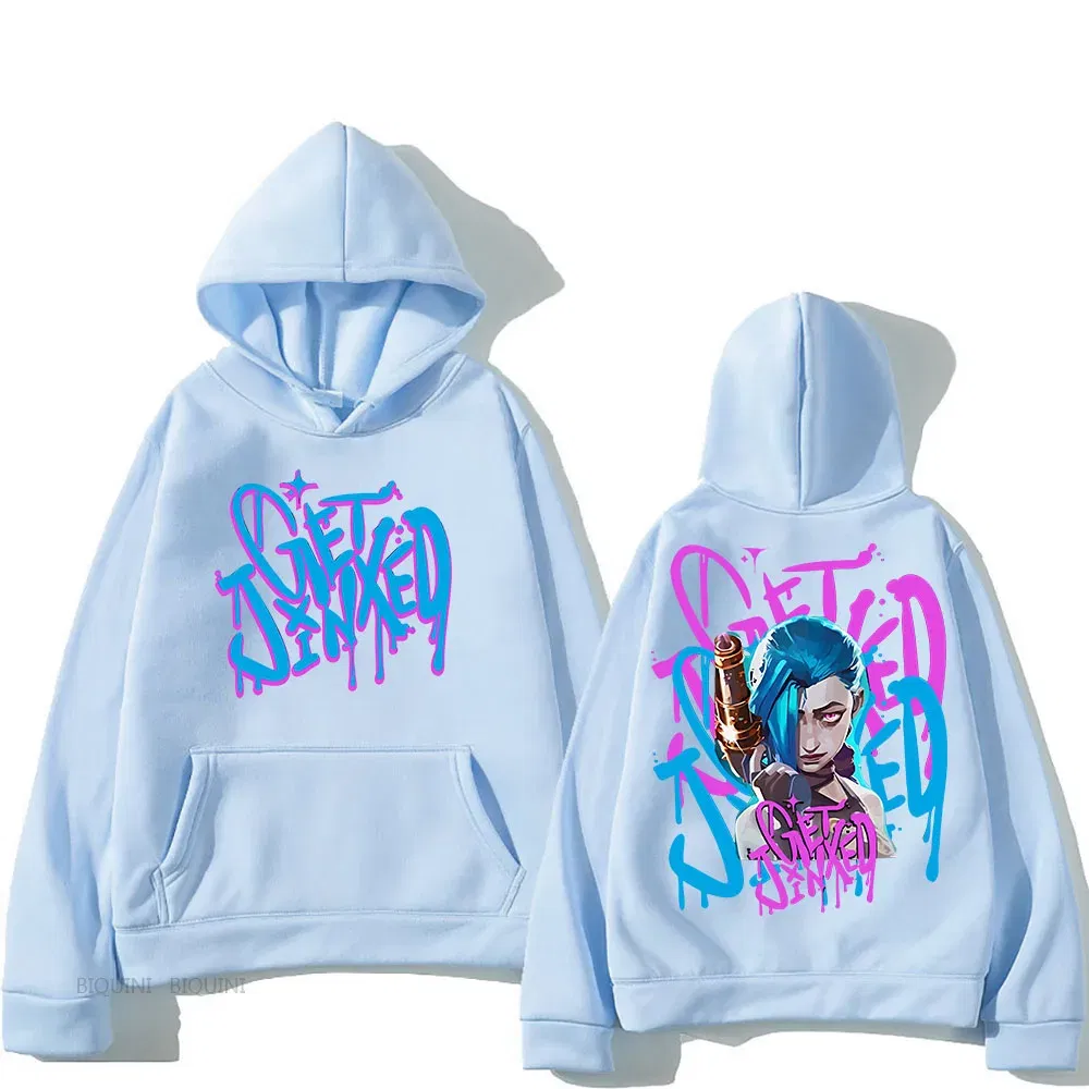 Color: SKY BLUE, Size: XXL - Arcane Jinx Cute Hooded Anime Print Harajuku Kawaii Sweatshirt Long-sleeved Cartoon Fleece Clothes Moletom Fashion Pullovers
