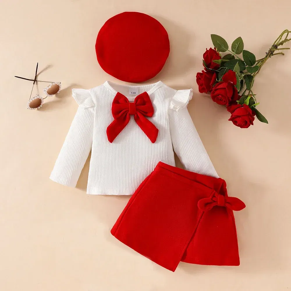 Color: Silver, Kid Size: 9M - Baby Girls Clothes New Year Set 0-3Y Long Sleeve Big Bow Top Irregular Skirt and Beret 3Pcs Toddler Christmas Clothes