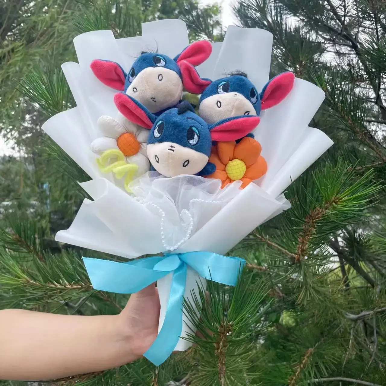 Color: DEEP BLUE - Cartoon Winnie the Pooh Plush Doll Toy Handmade Flower Bouquet Wedding Valentine's Day Christmas Graduation Gifts