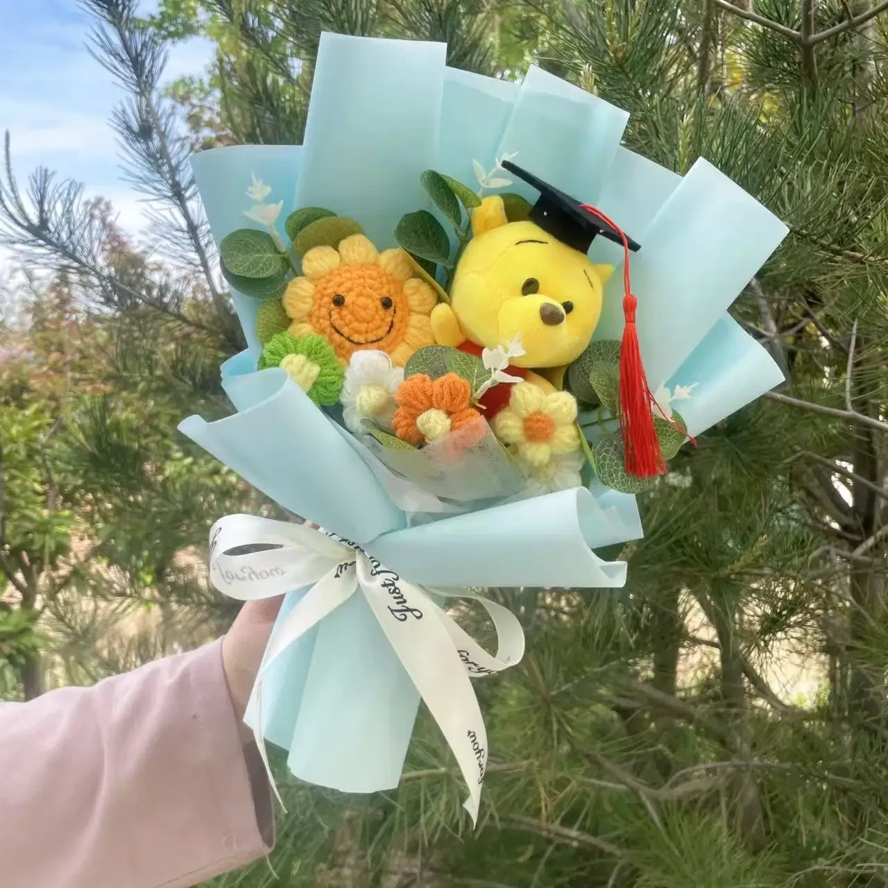 Color: DEEP BLUE - Cartoon Winnie the Pooh Plush Doll Toy Handmade Flower Bouquet Wedding Valentine's Day Christmas Graduation Gifts