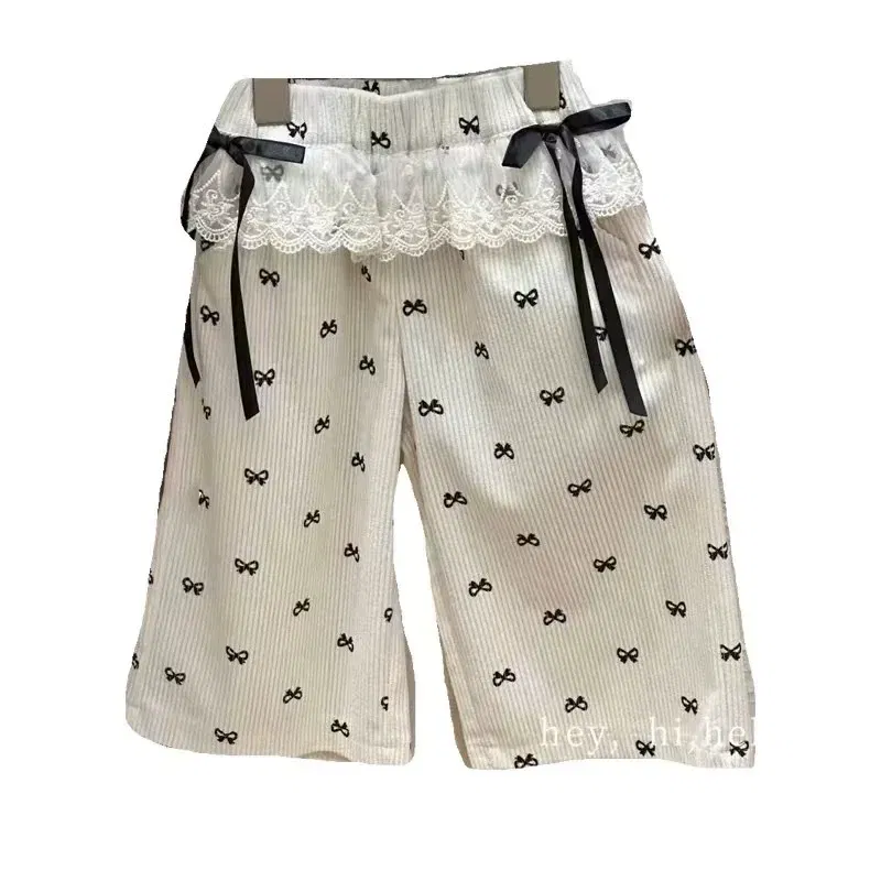 Color: Beige, Kid Size: 8T - New Girls Bow Print Pants Spring Kids Wide-leg Trousers Fashion Elastic Loose Pants Autumn Children Bowknot Trousers 2-8 Years