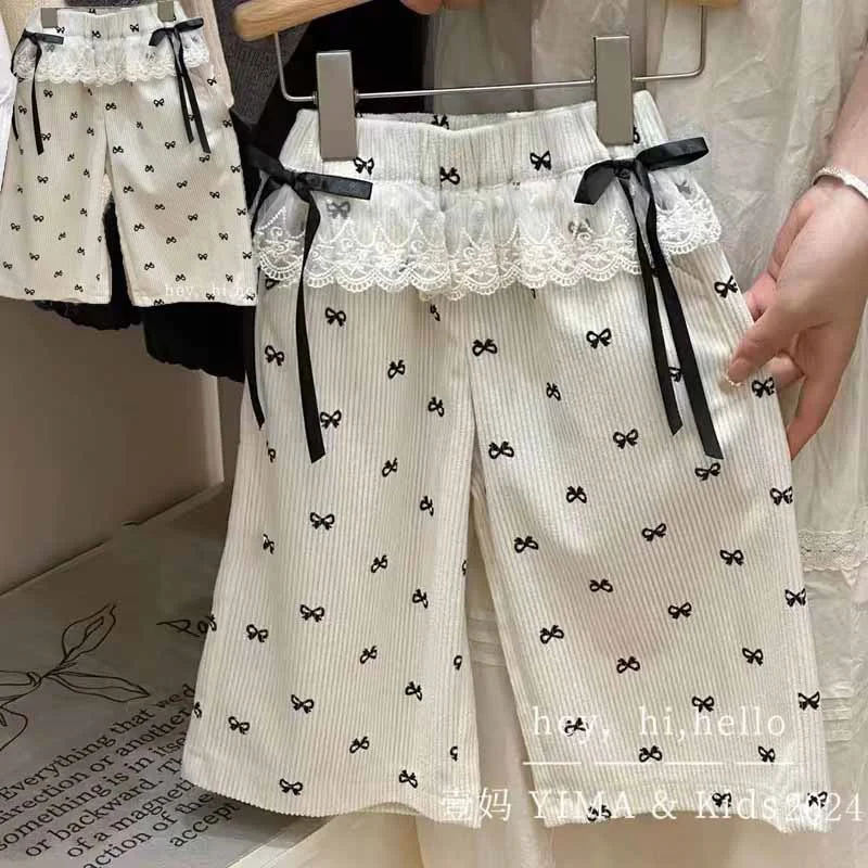 Color: Beige, Kid Size: 8T - New Girls Bow Print Pants Spring Kids Wide-leg Trousers Fashion Elastic Loose Pants Autumn Children Bowknot Trousers 2-8 Years