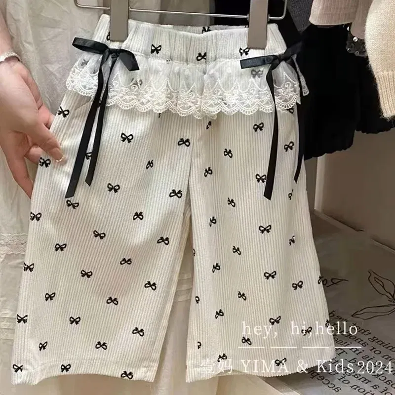 Color: Beige, Kid Size: 8T - New Girls Bow Print Pants Spring Kids Wide-leg Trousers Fashion Elastic Loose Pants Autumn Children Bowknot Trousers 2-8 Years