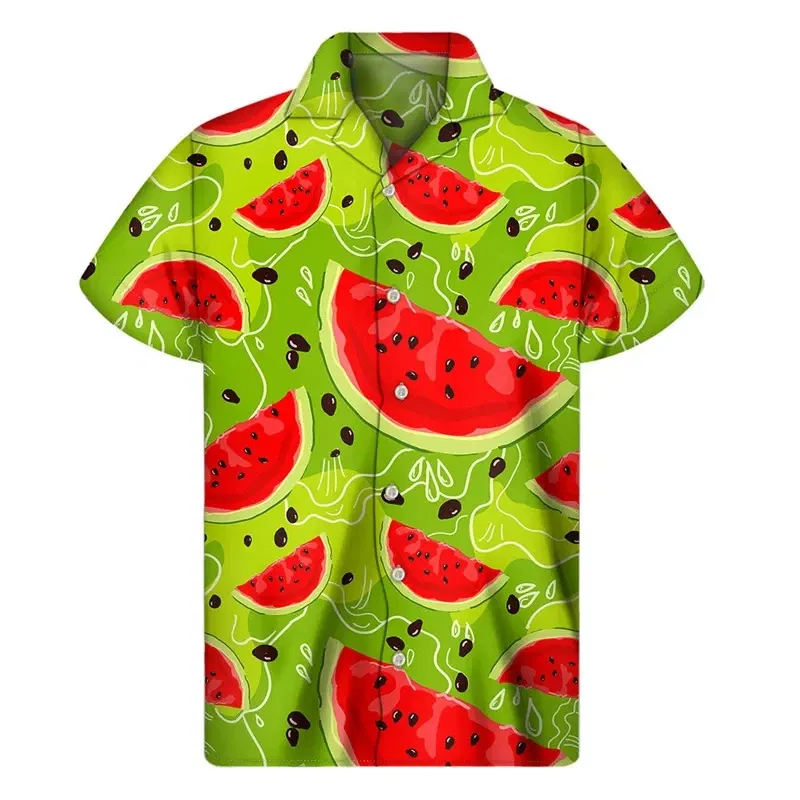 Color: GRAY, Size: XL - Tropical Watermelon Graphic Hawaiian Shirt Summer Street Short Sleeves 3d Printed Fruits Button Shirts Men Clothes Lapel Blouse