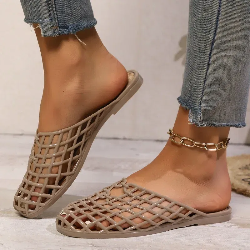Color: Khaki, Shoe Size: 40 - Women's Shoes 2025 Summer New Mesh Woven Hollowed-out Breathable Head Slippers for Women's Toe Wedge Sandals Zapatos De Mujer