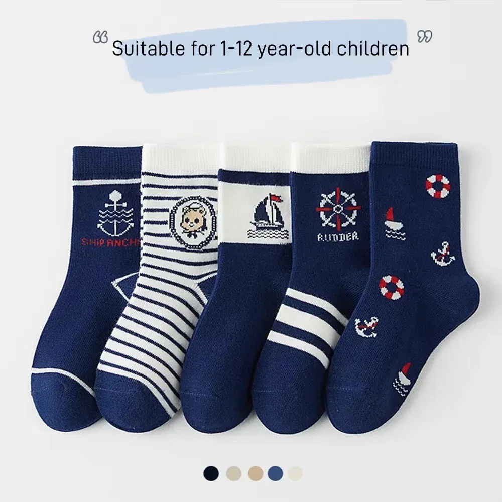 Color: SKY BLUE, Size: 10-12T - 1-14T Kids' Socks Spring Autumn Cotton Socks 5 Pairs/lot Soft Cotton Socks Calf Socks Little Big Boys Crew Sock