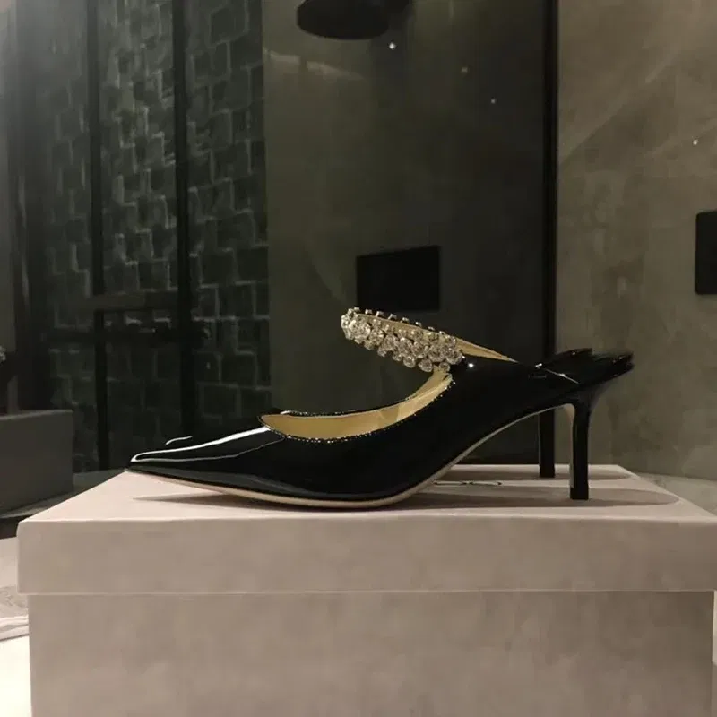 Color: Orange, Shoe Size: 36, Ships From: CHINA - Elegant Leather Mules Pointed Toe Stylish Rhinestone Embellished High Heel Sandals Sophisticated Party Evening Shoes Footwear
