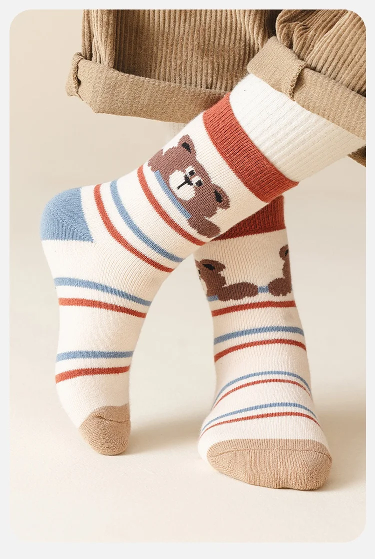 Color: SKY BLUE, Size: 4-6T - 1-14T Children Winter Warm Socks Kids Boys Thicken Cotton Socks Thermal Winter Socks Baby Cartoon Bear Pattern Terry Sock