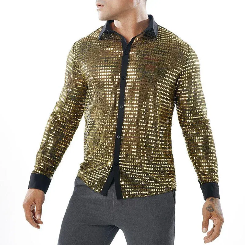 Color: black, Size: L, Ships From: CHINA - 2023 Fashion Mens Sparkly Sequins Party Dance Shirts Retro 70s Disco Nightclub Shirt Tops Single Breasted Performance Clothing